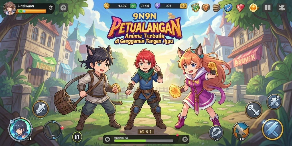 Gameplay 9N9N dengan karakter anime yang beraksi.
