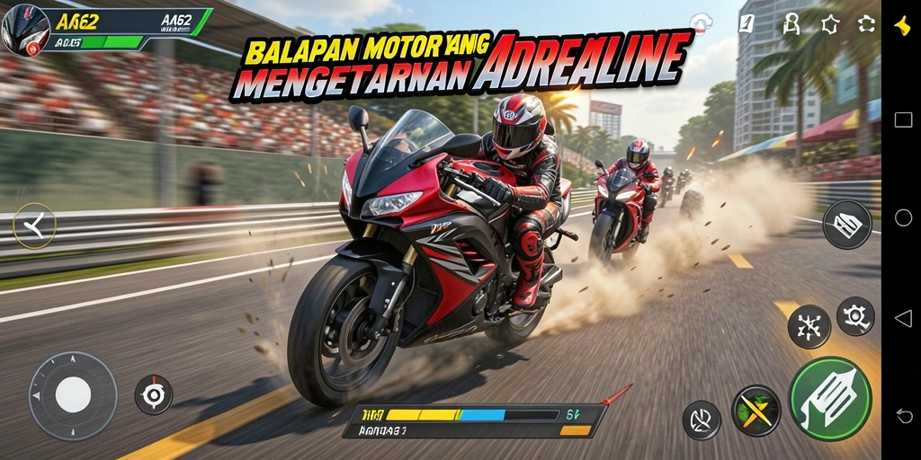 Tampilan gameplay AA62 yang seru dengan motor berkecepatan tinggi.