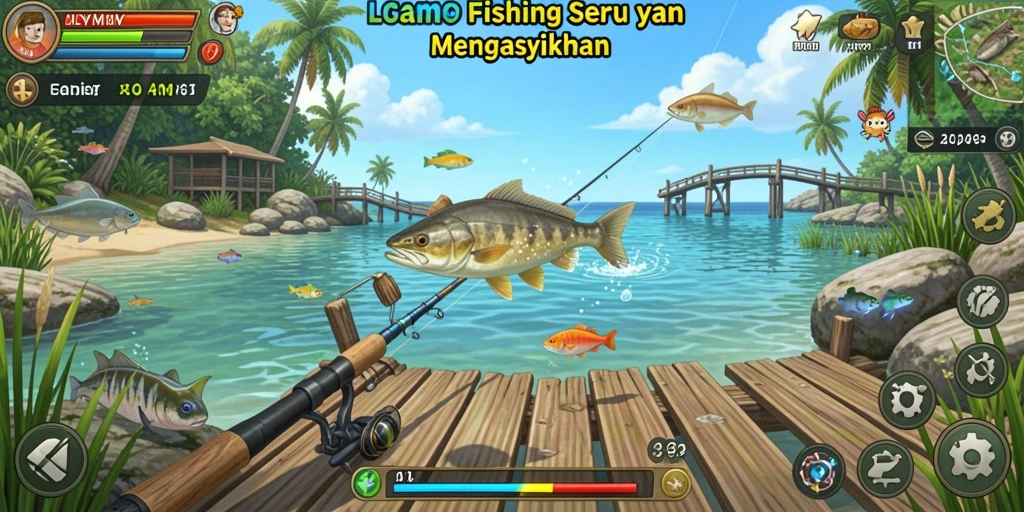 Tampilan gameplay <strong>LUCKYMINO</strong> saat menangkap ikan di lautan.