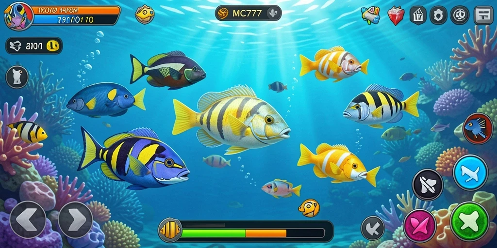 Tampilan gameplay seru dari MC777 dengan berbagai ikan yang bisa ditembak.