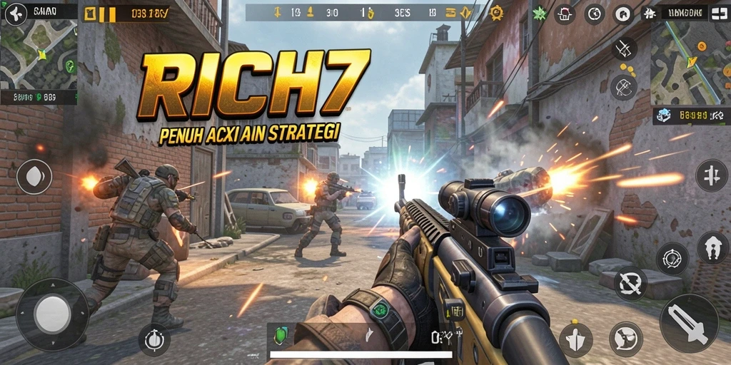 Screenshot gameplay RICH7 menampilkan aksi pertempuran FPS yang mendebarkan.