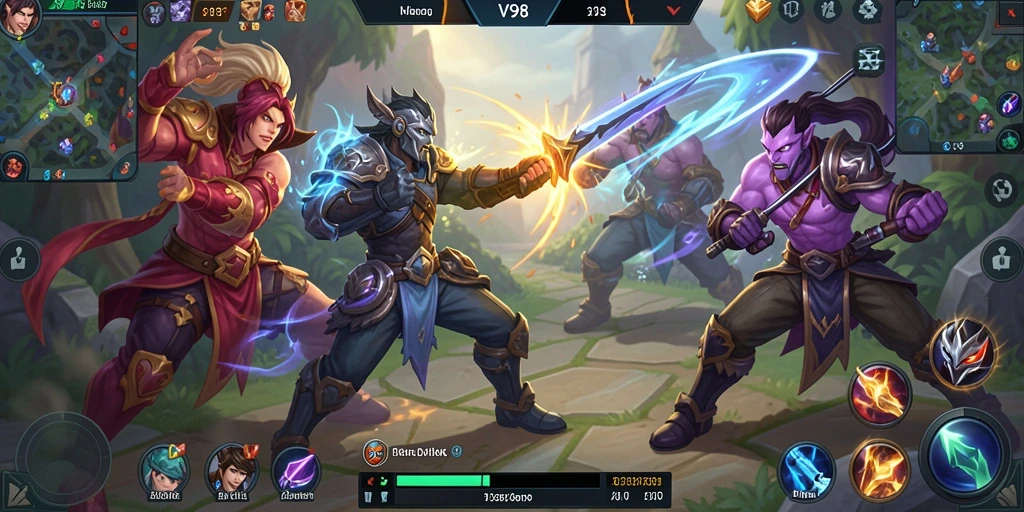Gameplay seru V98 dengan pertarungan arena intens.